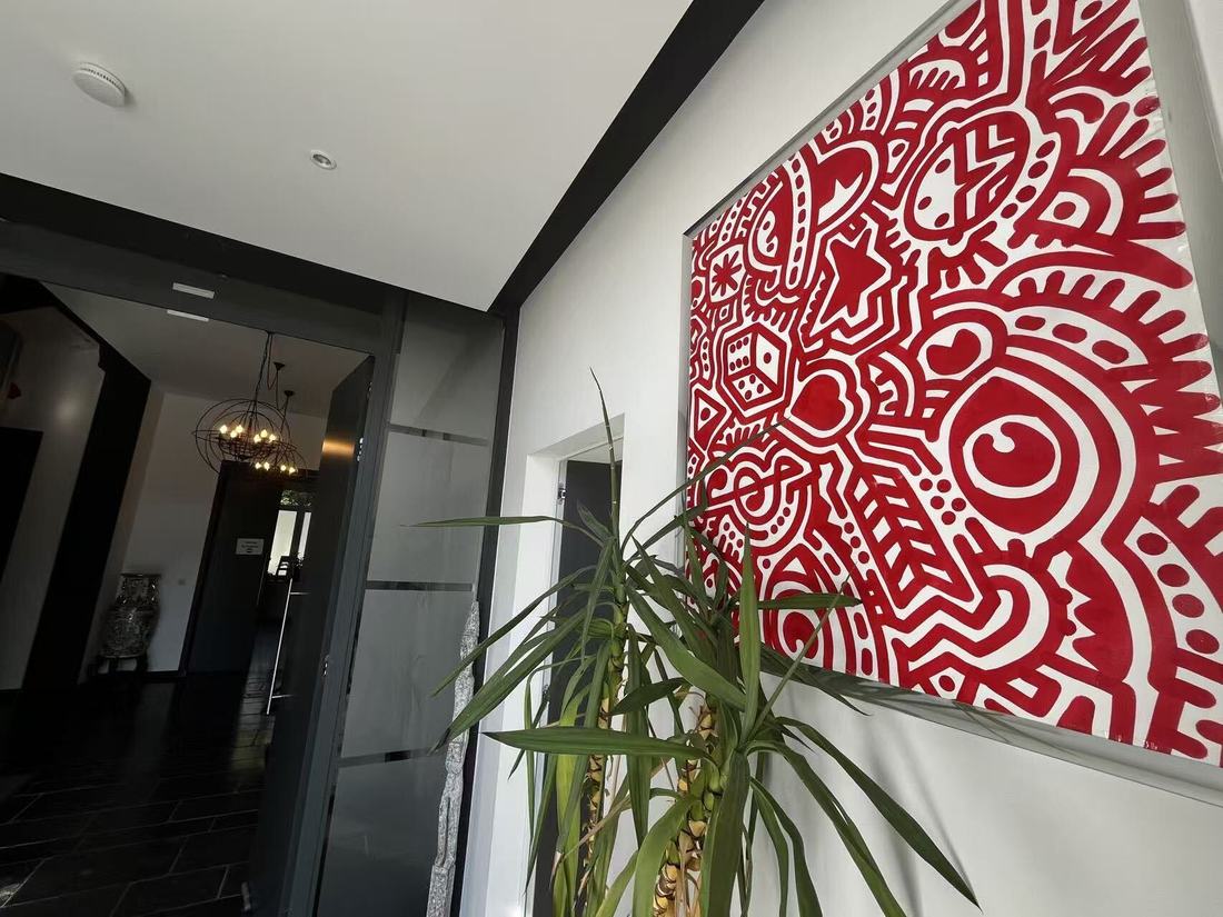 A large red-and-white patterned canvas hanging in the clinic corridor, with a yucca plant in front of it and the reception hall visible beyond.
